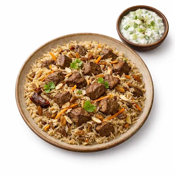 Afghani Beef Pulao With Cucumber Yogurt